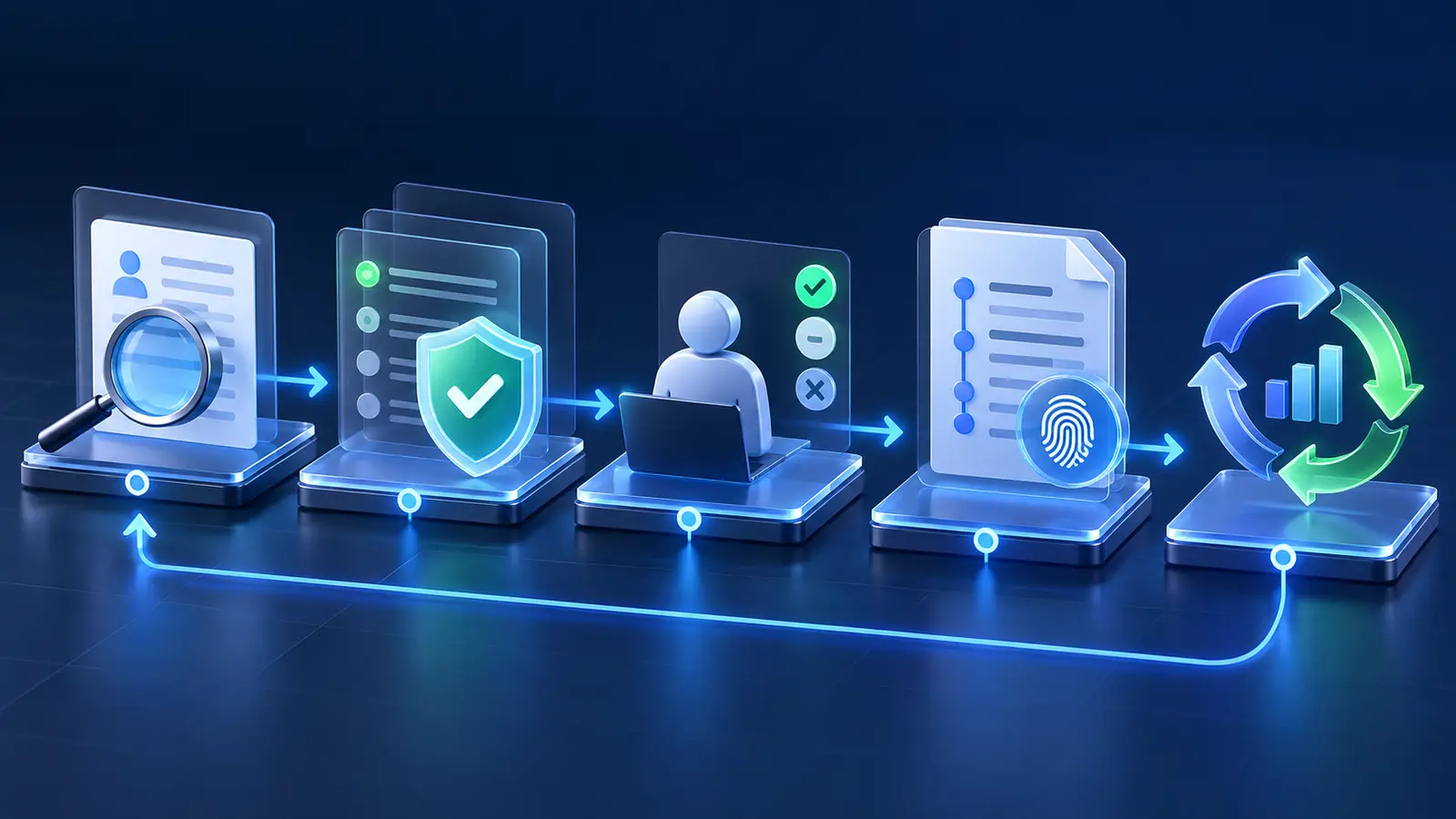 Connected fraud-prevention process covering risk assessment, controls, human decisions, audit evidence and review.