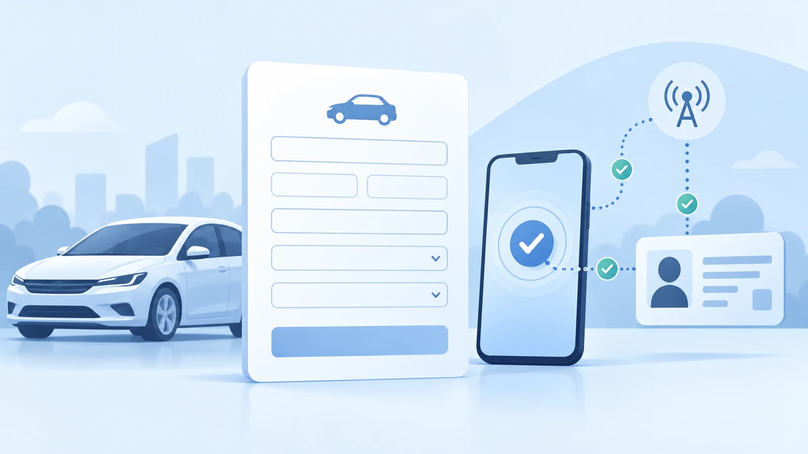 A car insurance application is connected to a mobile identity check and carrier signal before a review step.