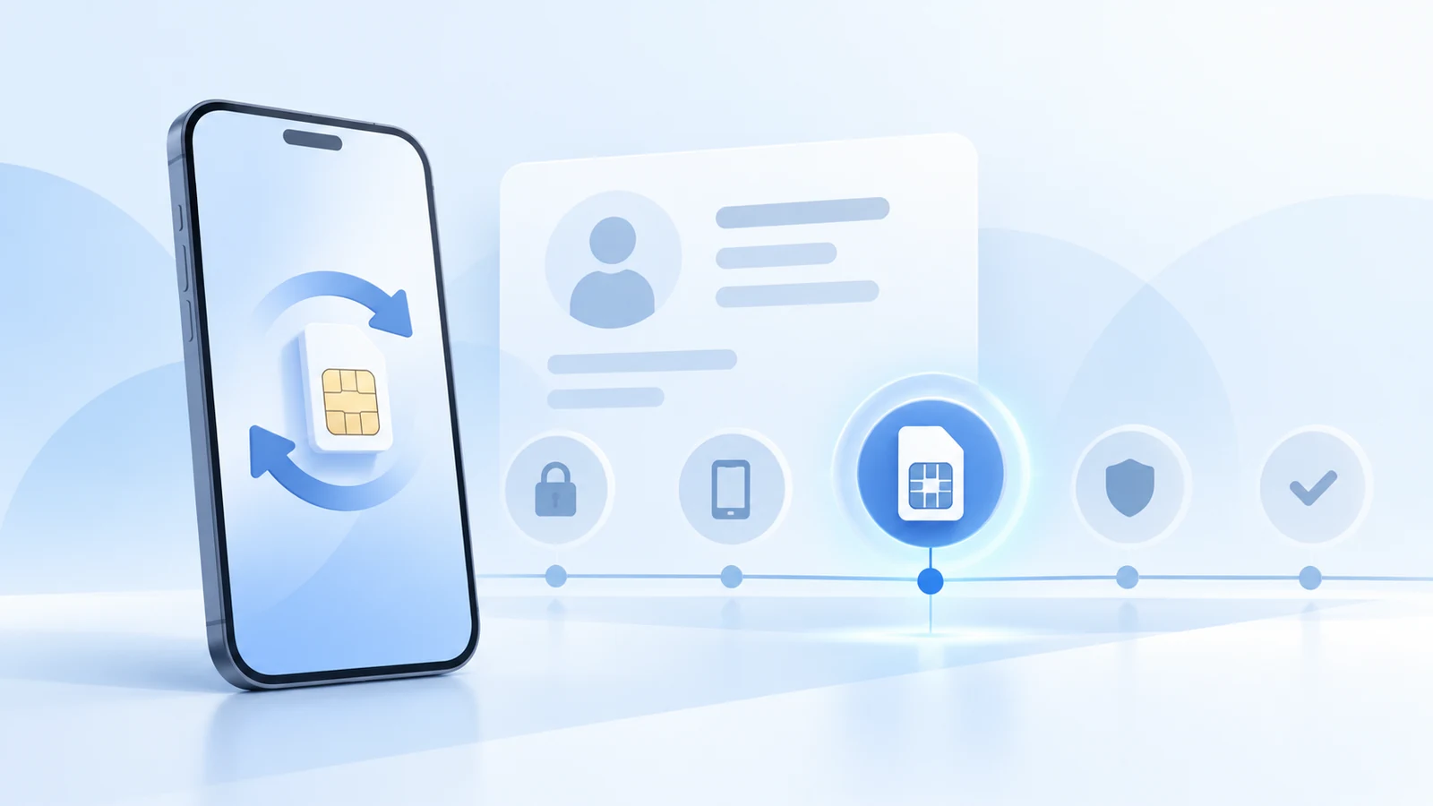 A mobile account change shown alongside a carrier signal and a review step, illustrating how a recent SIM event can add context to a security check.
