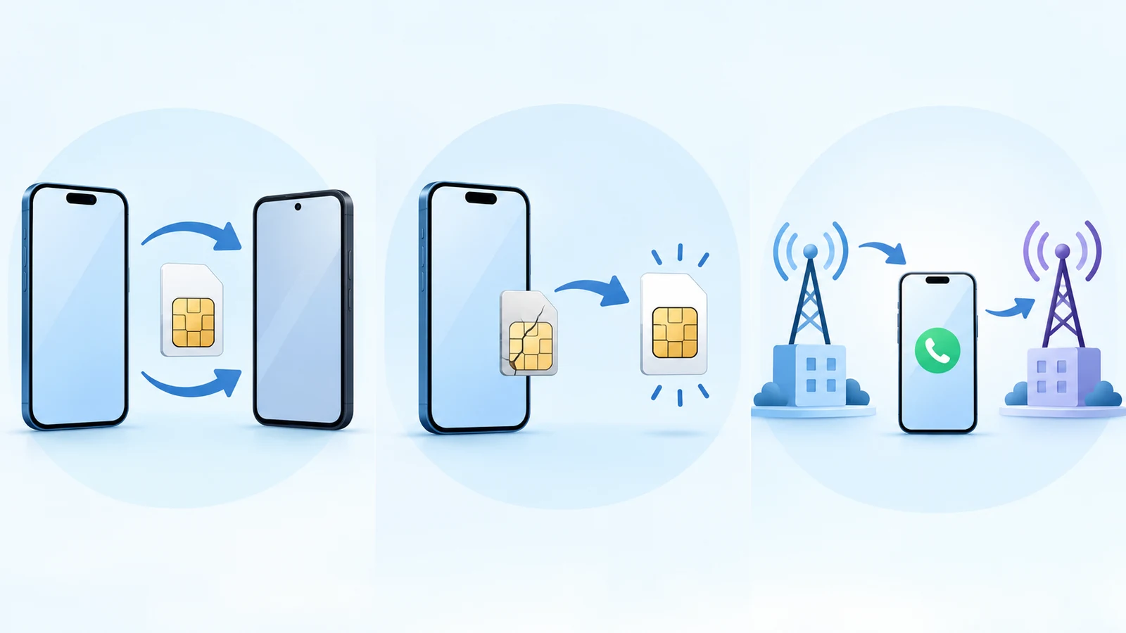 A three-panel visual distinguishes moving a number to another SIM, replacing a SIM and switching a number between mobile networks.
